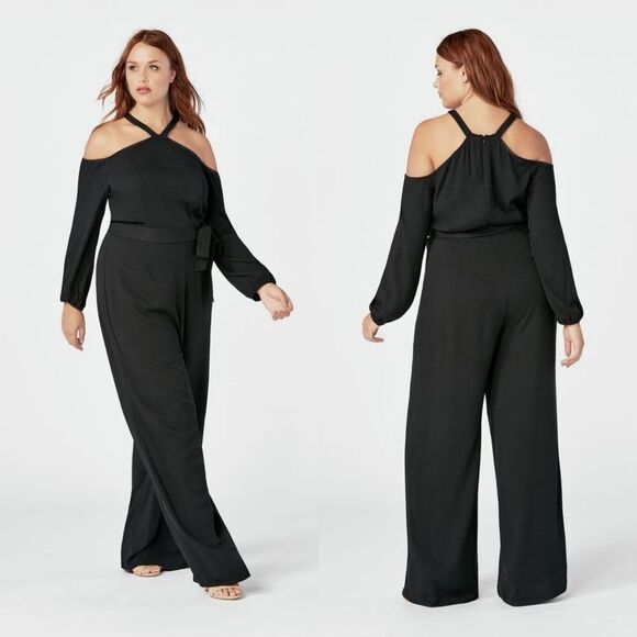 JUSTFAB Black Cold Shoulder Wide Leg Lace Belted Halter Plus Size Jumpsuit 1X - Picture 1 of 13